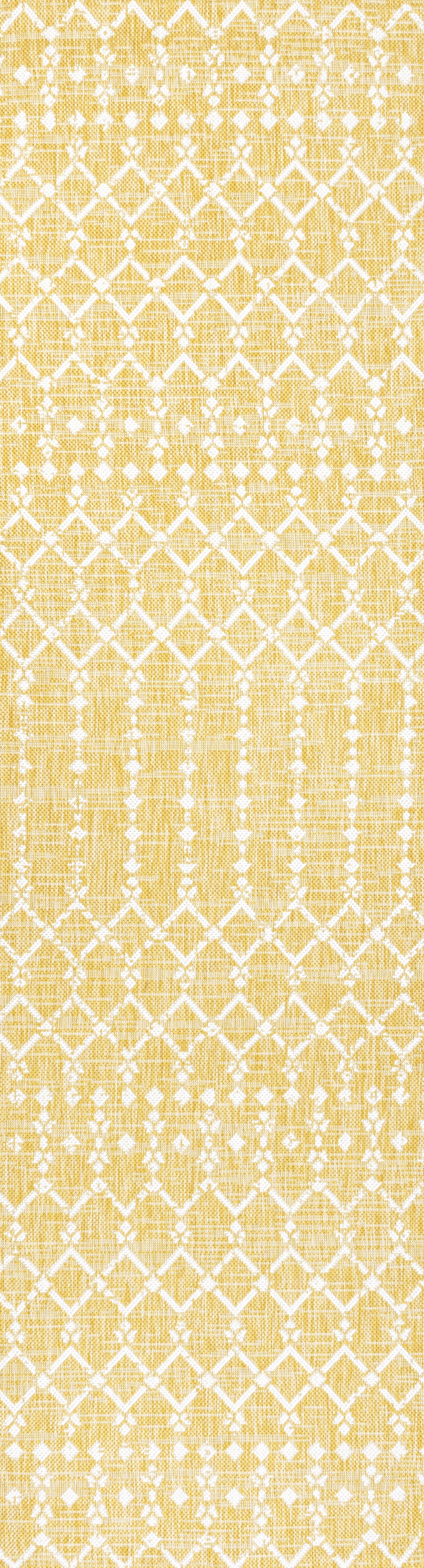 Yellow and cream trellis lattice pattern runner rug, full-coverage design