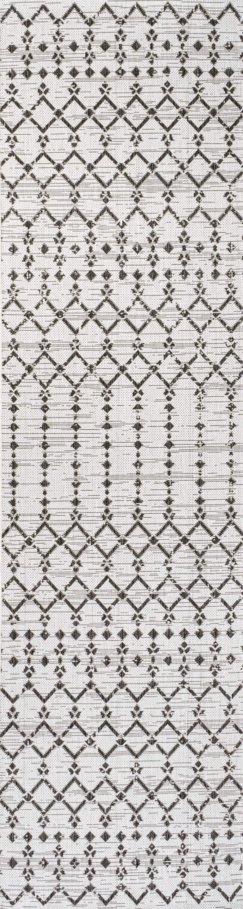 10' Cream And Black Trellis Indoor Outdoor Runner Rug - Outdoor | blocked-missing-media, blocked-out-of-stock, Outdoor
