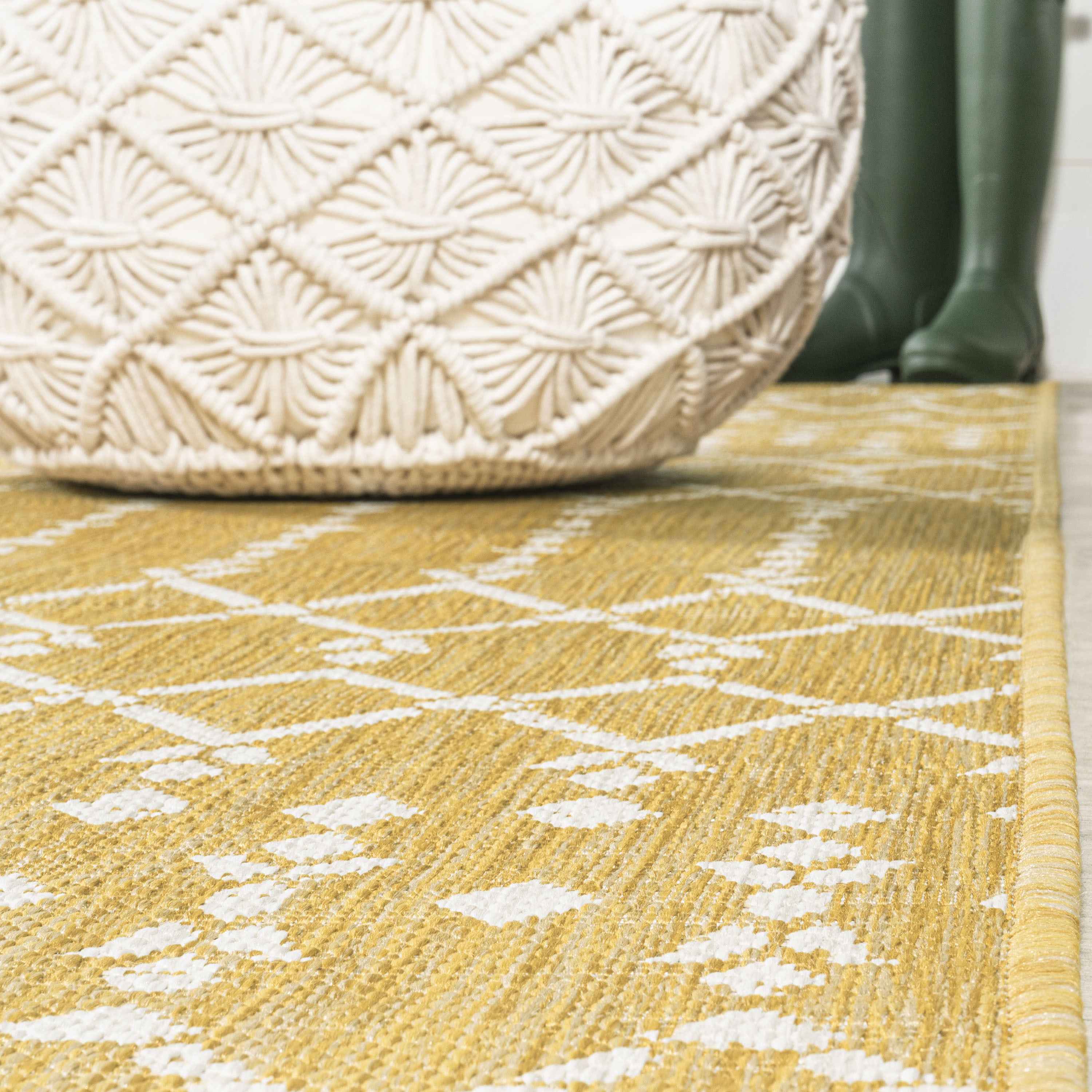 5' Yellow And Cream Square Trellis Indoor Outdoor Area Rug - Outdoor | blocked-out-of-stock, Outdoor, sync-blocked