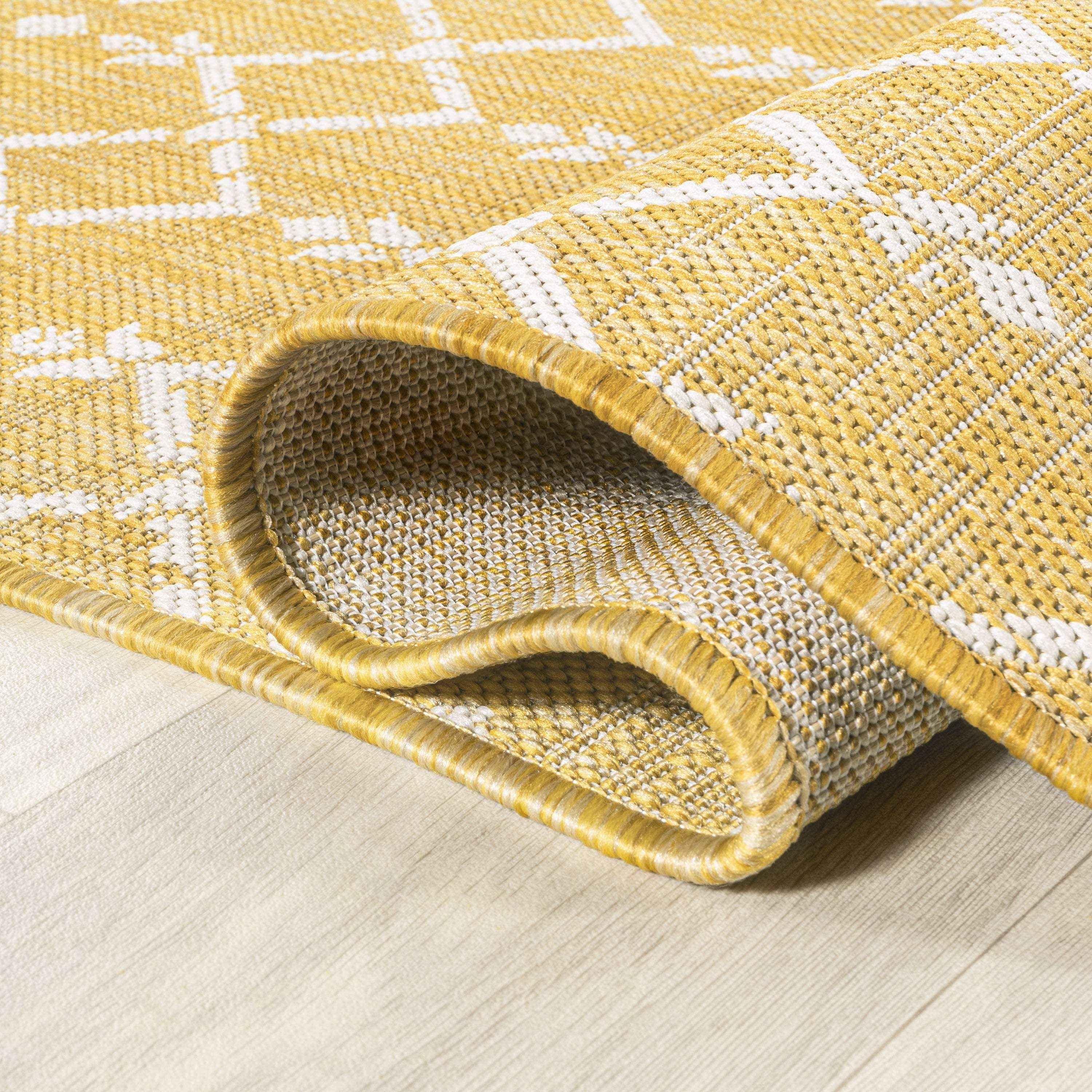 5' Yellow And Cream Square Trellis Indoor Outdoor Area Rug - Outdoor | blocked-out-of-stock, Outdoor, sync-blocked