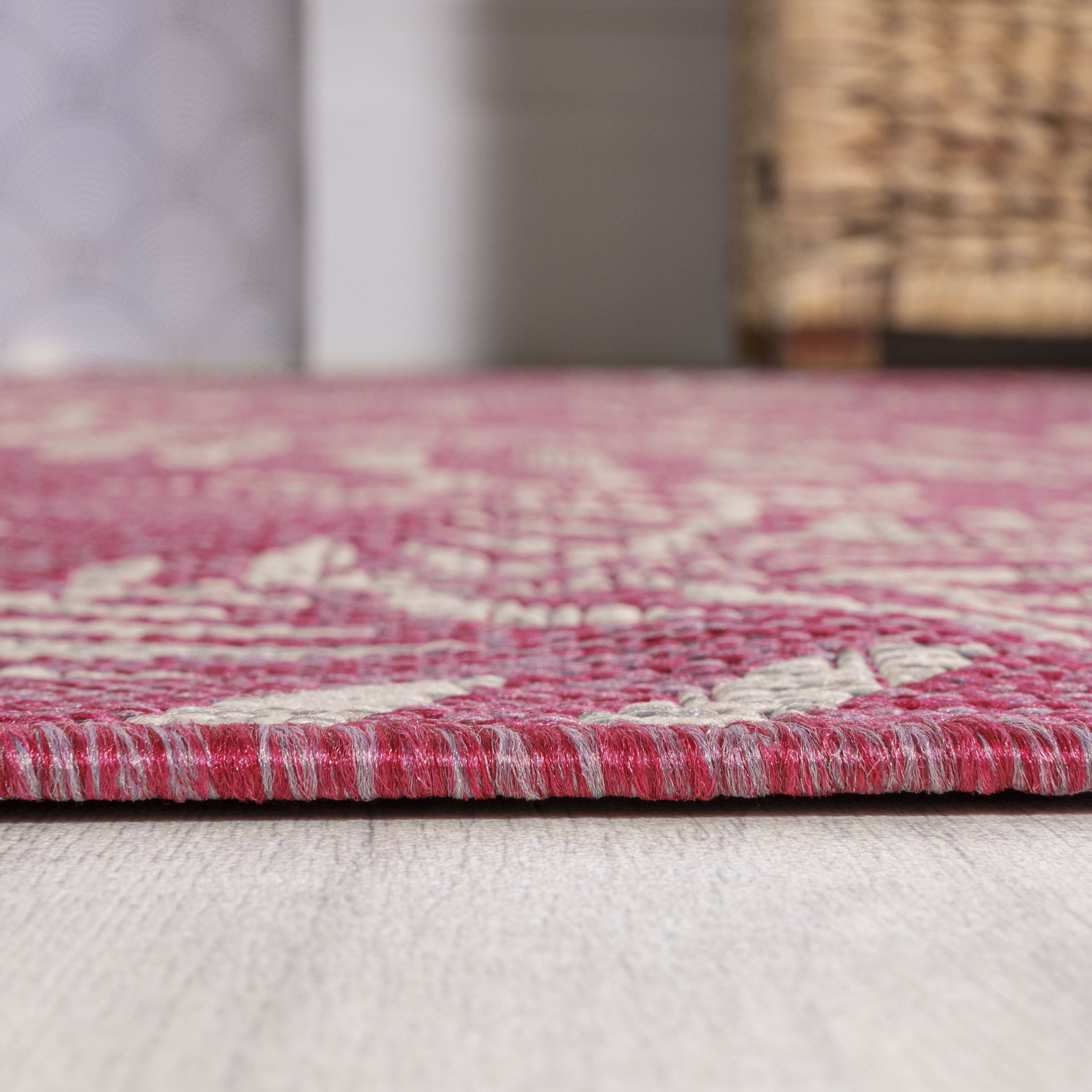 8' Fuchsia And Light Gray Floral Indoor Outdoor Runner Rug - Sports & Outdoor