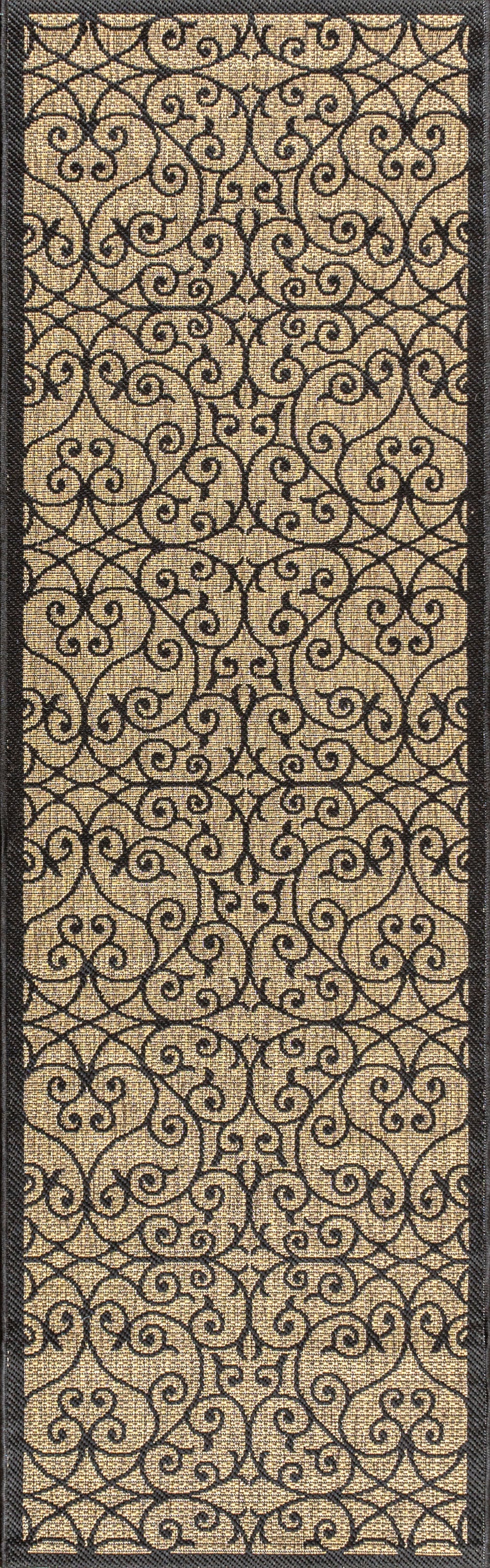 Runner rug with black swirly lattice pattern on khaki; dark border on all sides