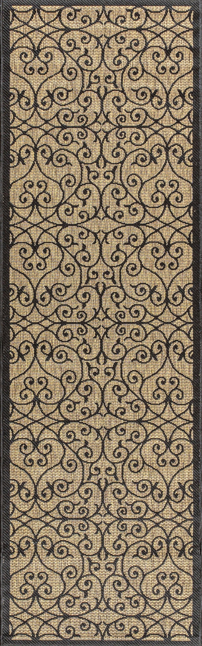 Runner rug with black swirly lattice pattern on khaki; dark border on all sides