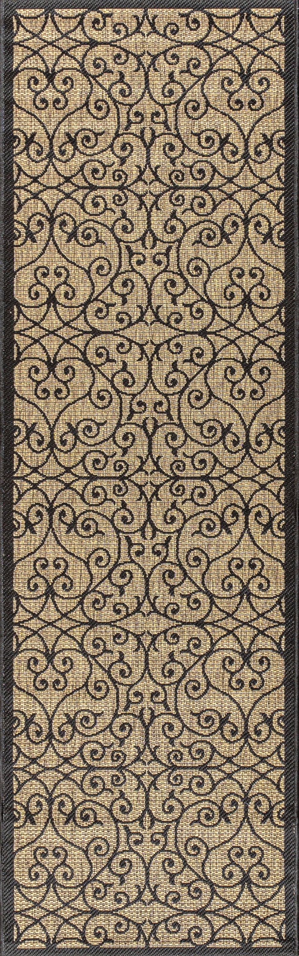 Runner rug full view, black ornamental swirls on khaki with dark outer border