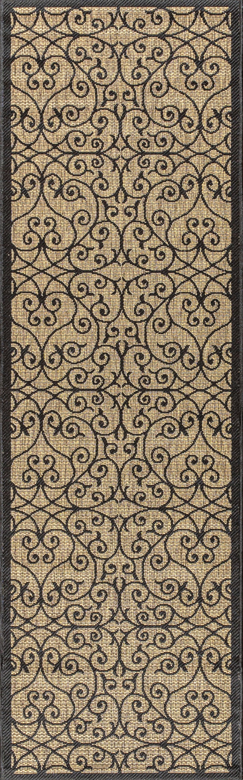 Runner rug full view, black ornamental swirls on khaki with dark outer border