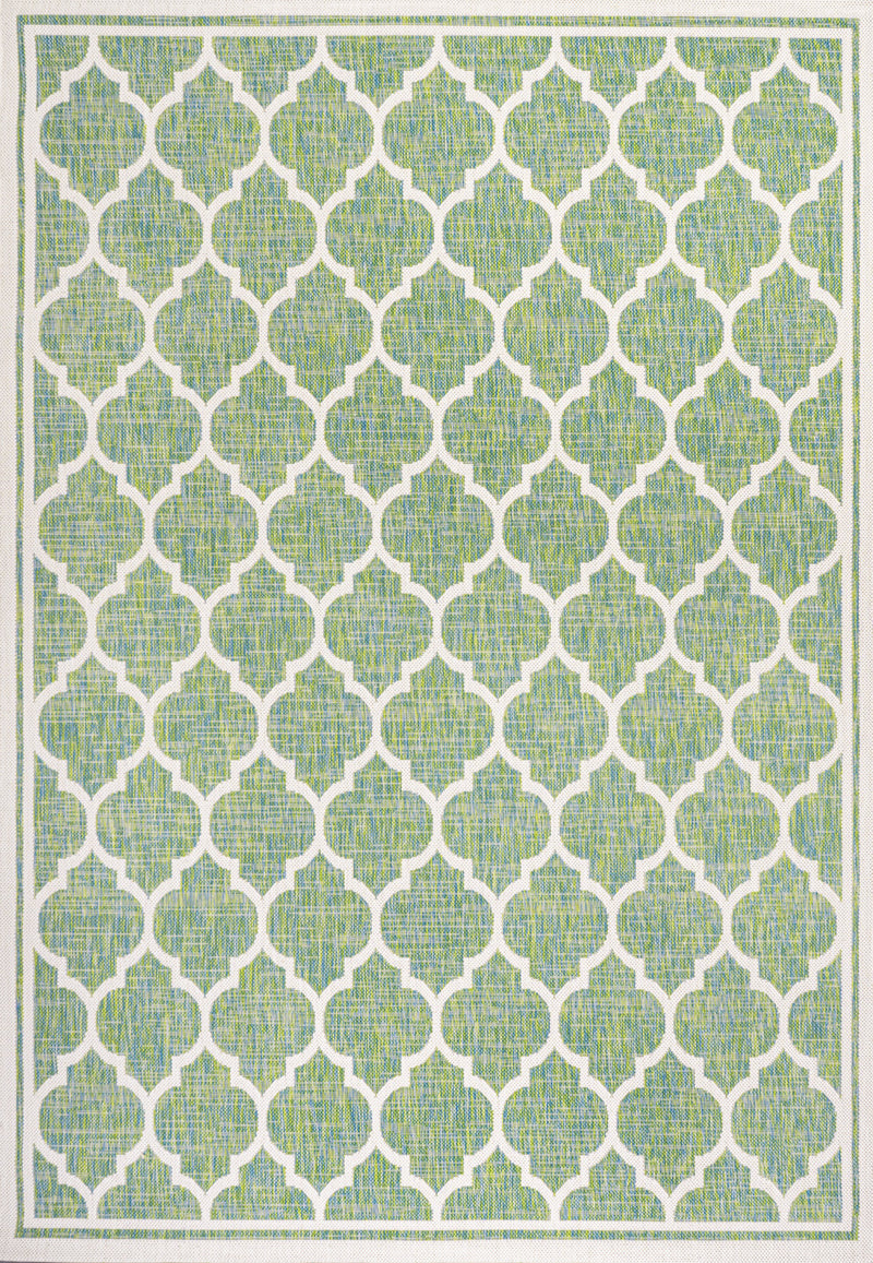 Green and cream geometric area rug with repeating lattice trellis pattern, flat lay