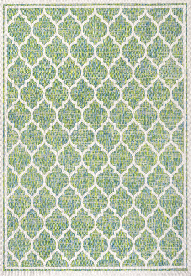 Green and cream geometric area rug with repeating trellis lattice pattern and border
