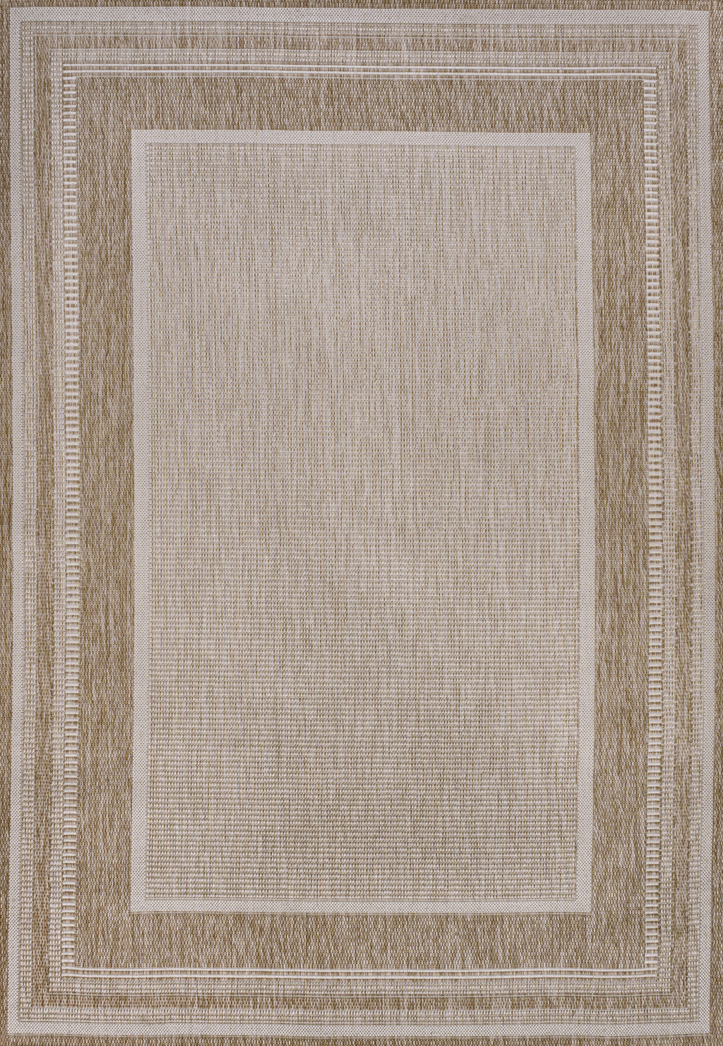 Beige and cream indoor/outdoor area rug with rectangular border and textured weave