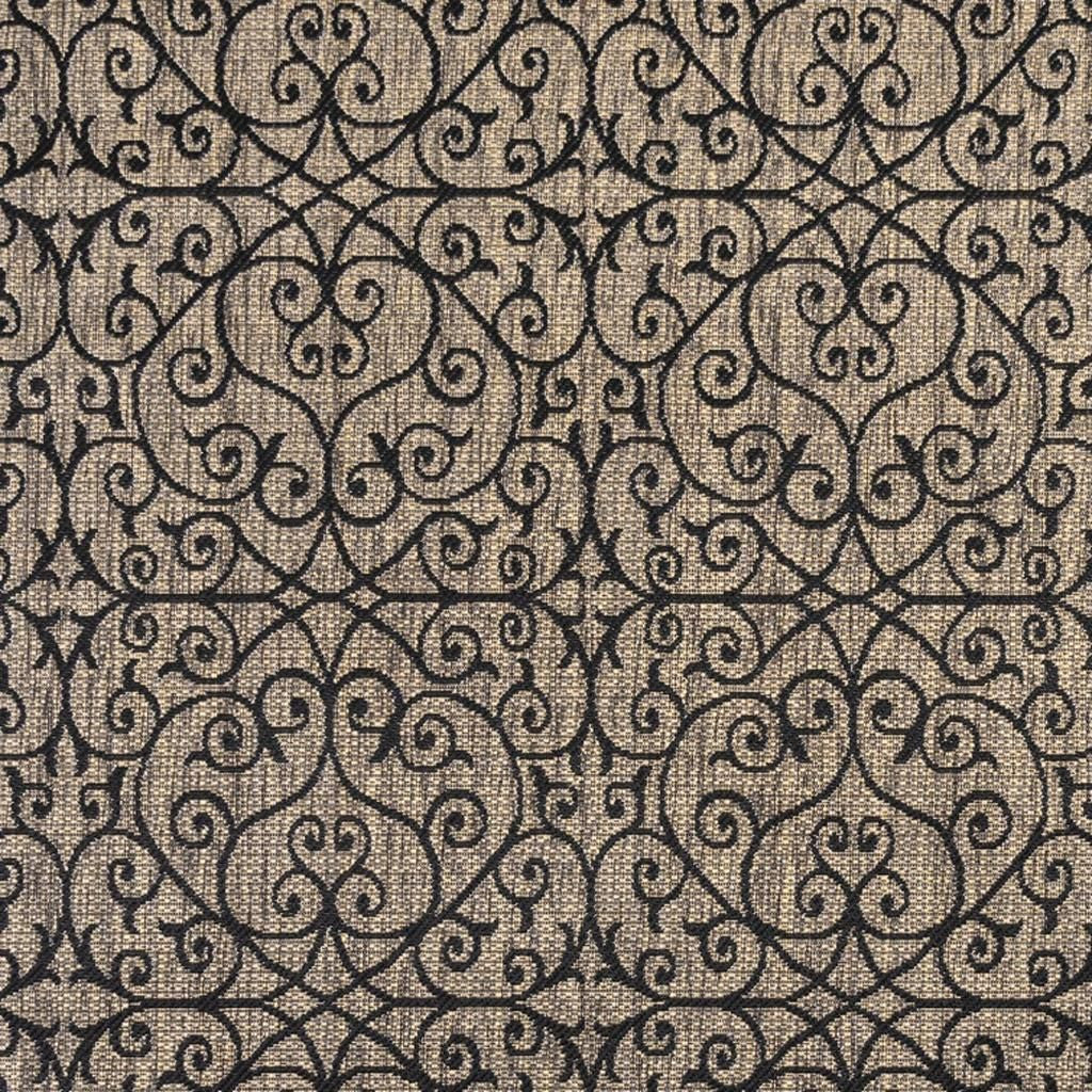Square geometric area rug with repeating vine scroll motif in dark and light beige