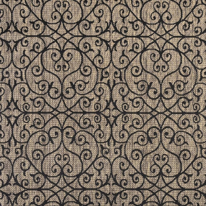 Square geometric area rug with repeating vine scroll motif in dark and light beige