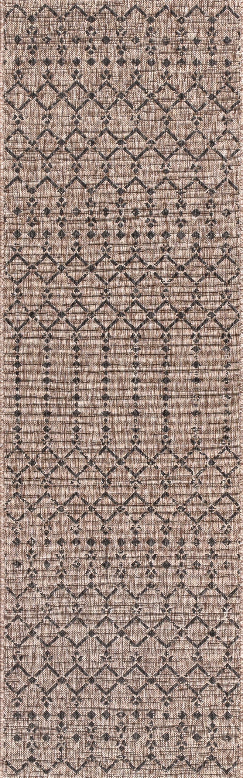 Natural and black trellis runner rug with repeating diamond motif, full view.