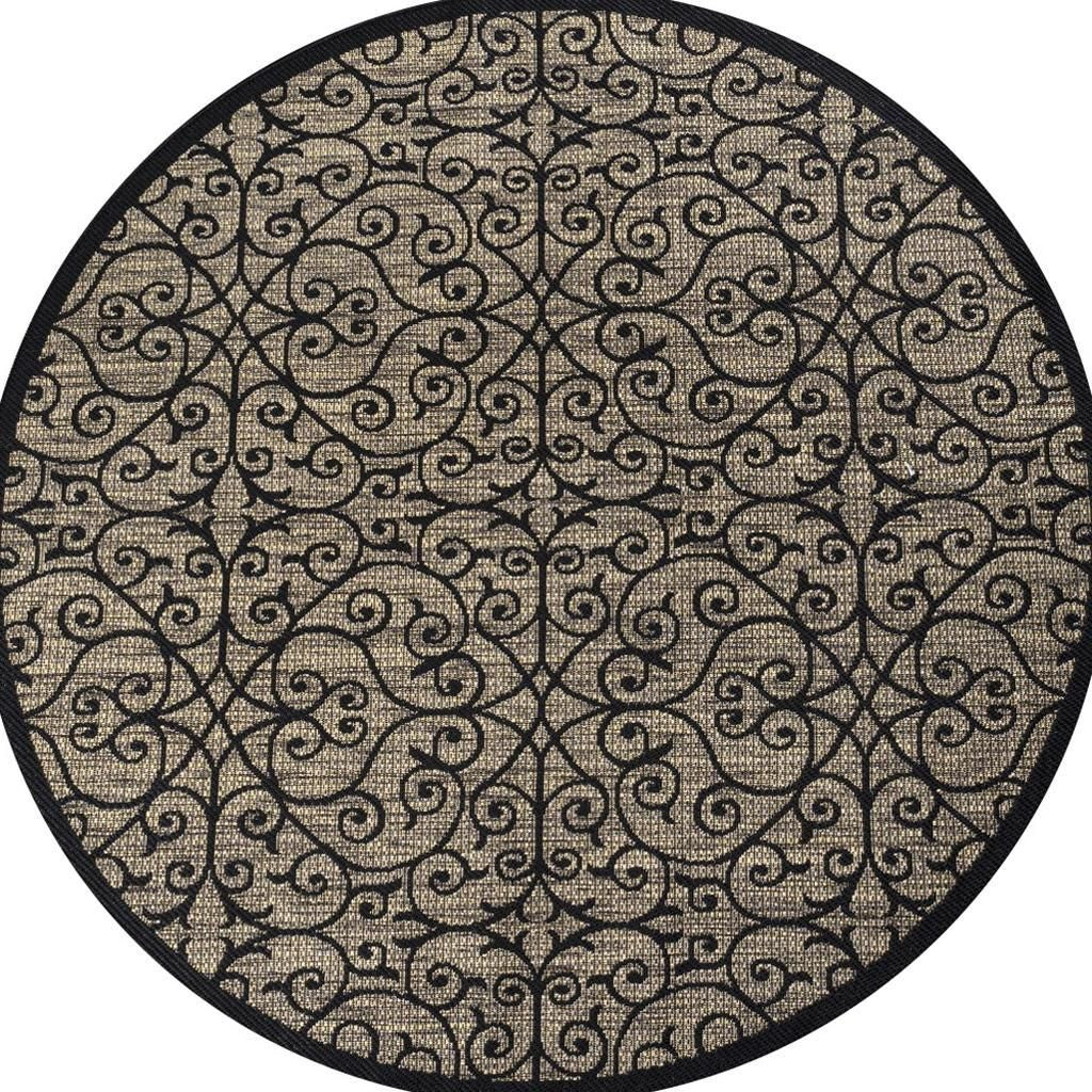 Round rug with khaki scroll-lattice pattern and dark perimeter border