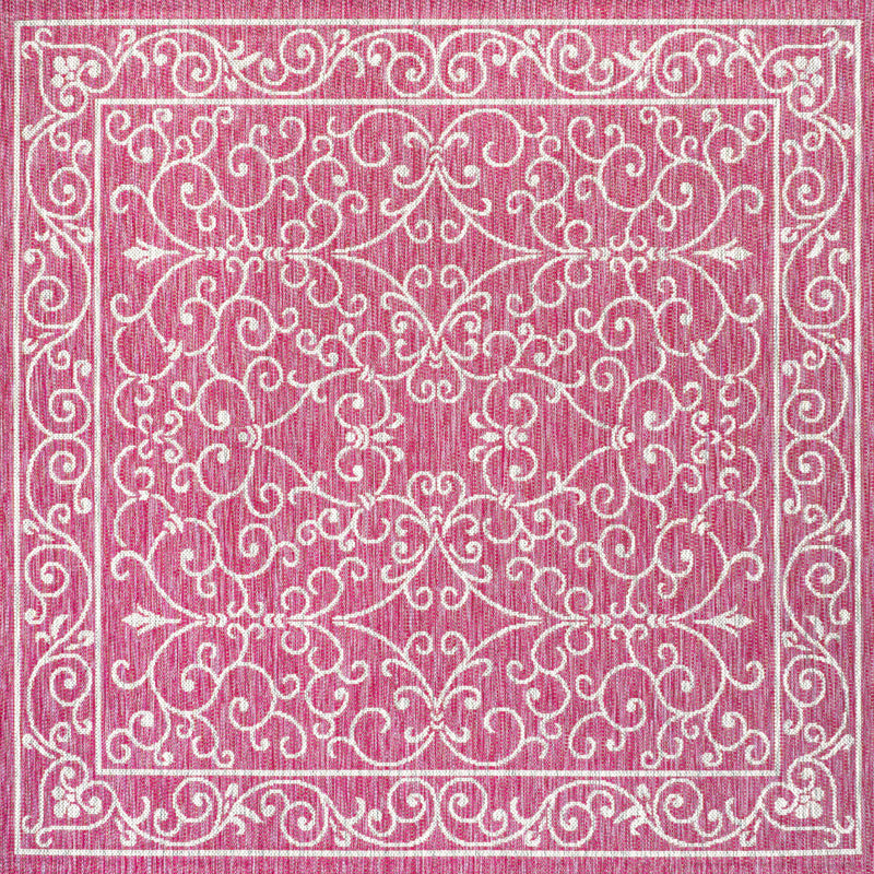 Fuchsia area rug with white ornamental scrolls and corner border, square medallion pattern