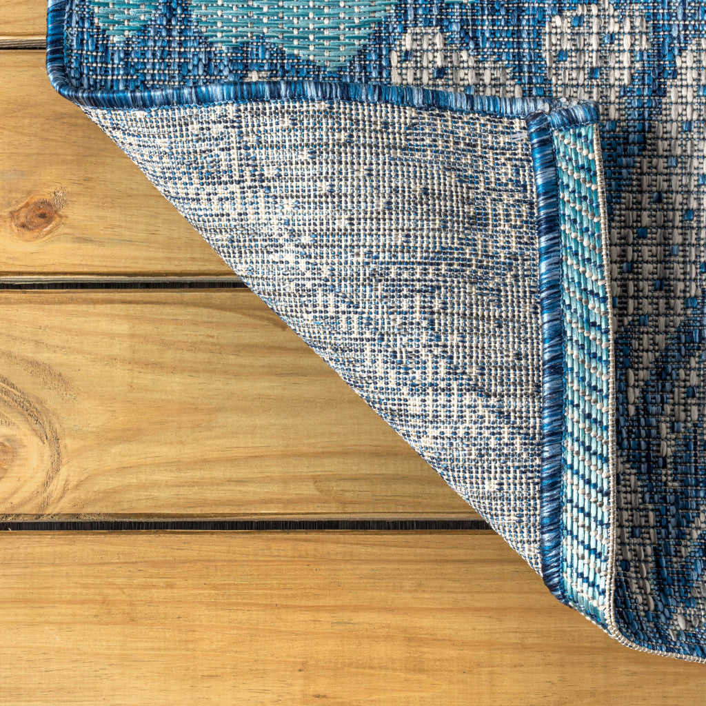 Navy and aqua floral runner rug corner detail with stitched edge and multicolor border