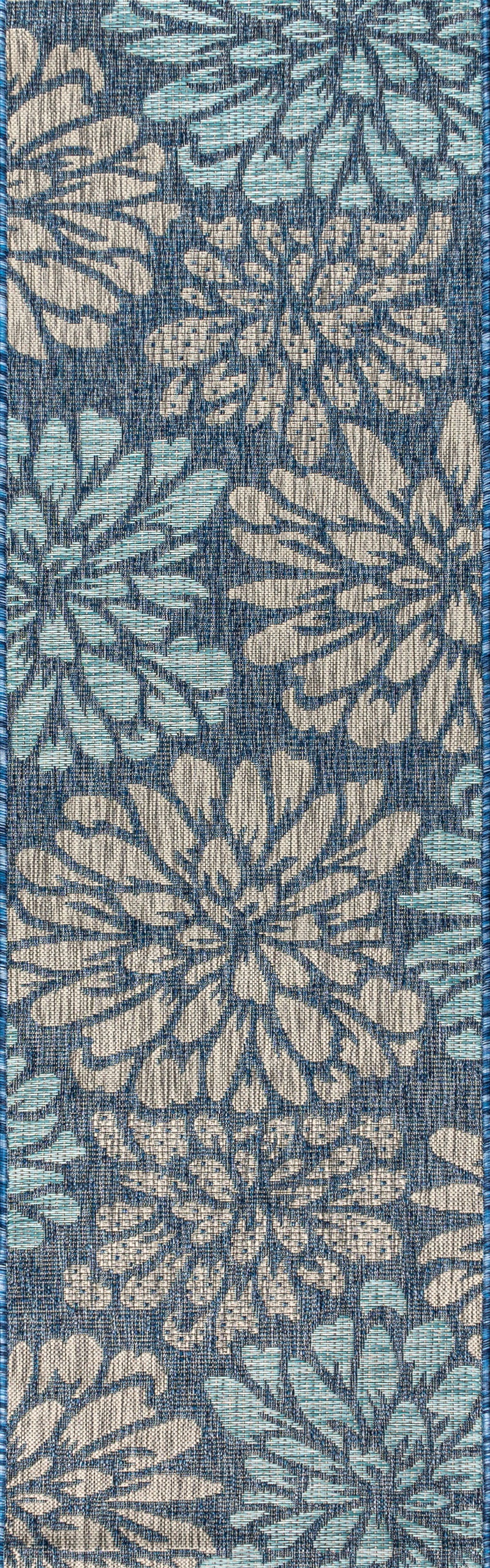 Navy and aqua floral runner rug close-up pattern with textured fibers