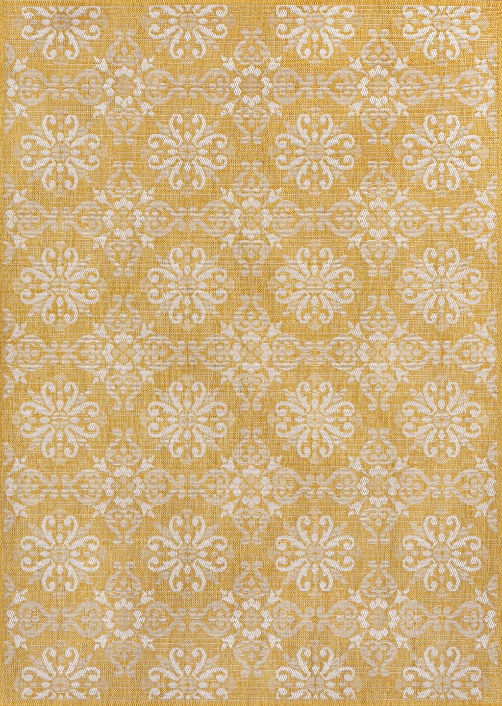 Yellow and cream floral indoor outdoor area rug with repeating damask medallions