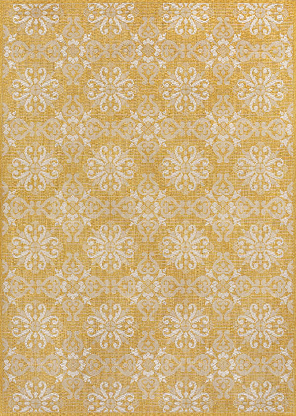 Yellow and cream floral indoor outdoor area rug with repeating damask medallions