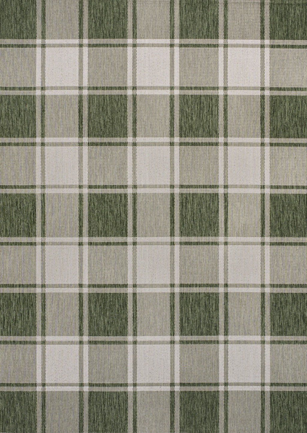 Green and cream gingham area rug close-up grid pattern
