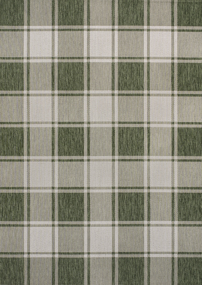 Green and cream gingham area rug close-up grid pattern