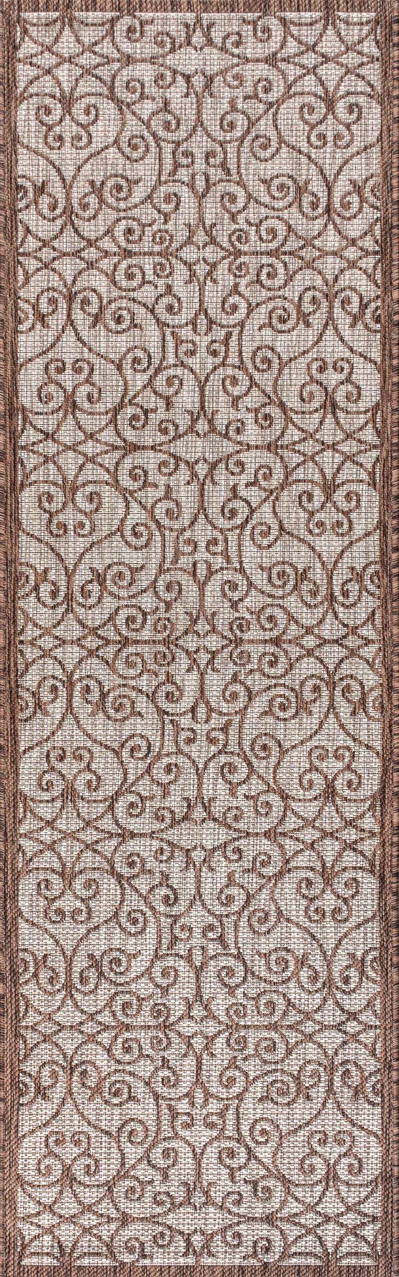 Taupe runner rug with espresso swirled geometric lattice pattern and framed border edges.