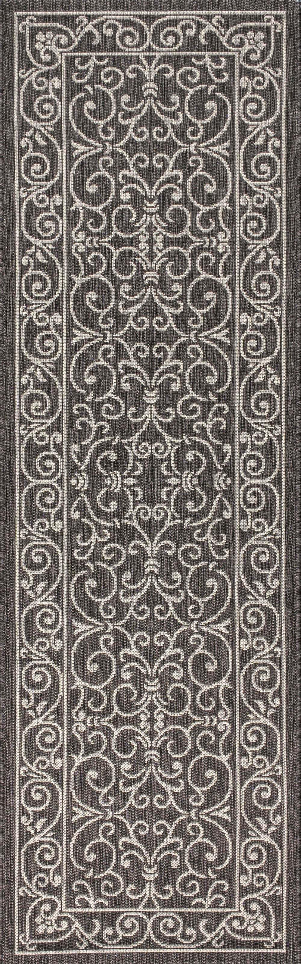Rectangular black and gray runner rug with vertical medallion scrollwork pattern