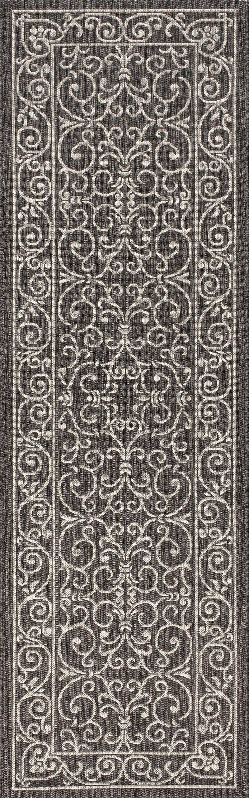 Rectangular black and gray runner rug with vertical medallion scrollwork pattern