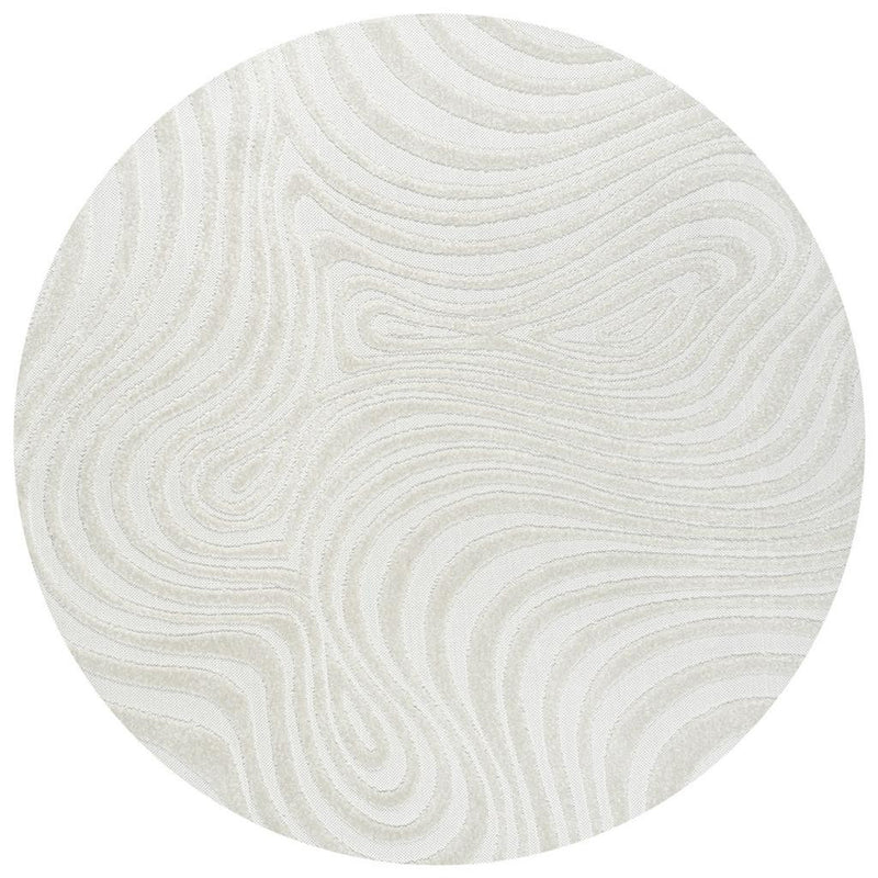 Cream and ivory round area rug featuring subtle wavy stripe abstract pattern.
