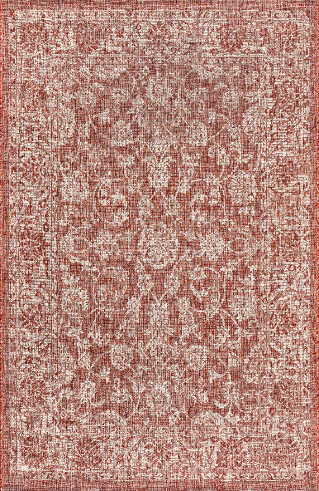 Red and taupe medallion area rug with ornate damask pattern