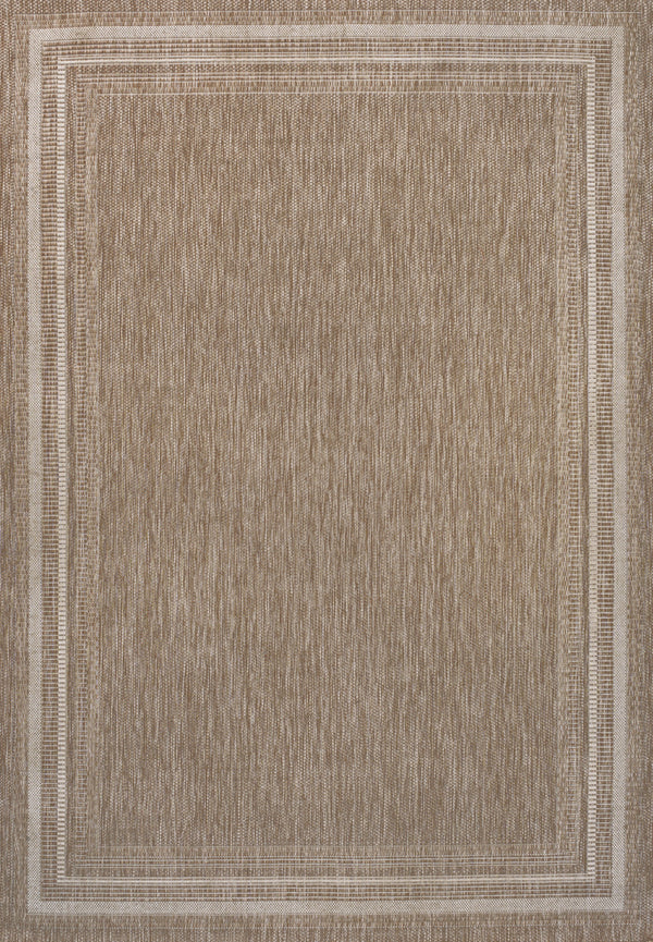 Beige and cream indoor outdoor area rug with bordered rectangular pattern and textured weave
