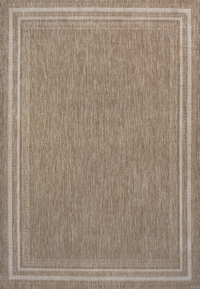 Beige and cream bordered area rug with vertical striated texture and distressed center