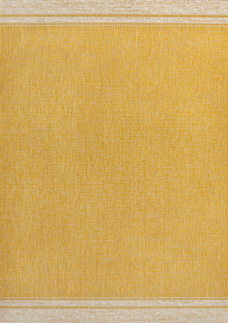 Yellow area rug with cream woven trim, textured flat weave surface