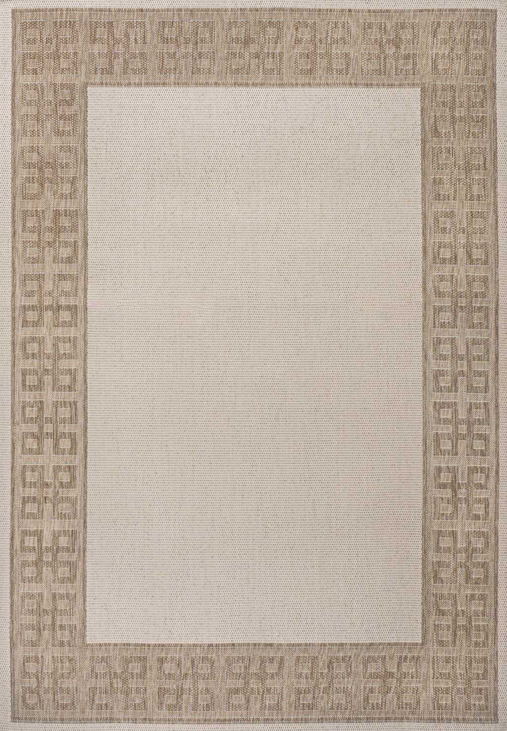 Cream and beige area rug with patterned Greek key frame around light center