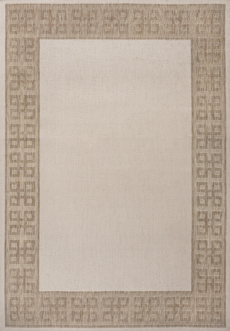 Cream and beige area rug with patterned Greek key frame around light center