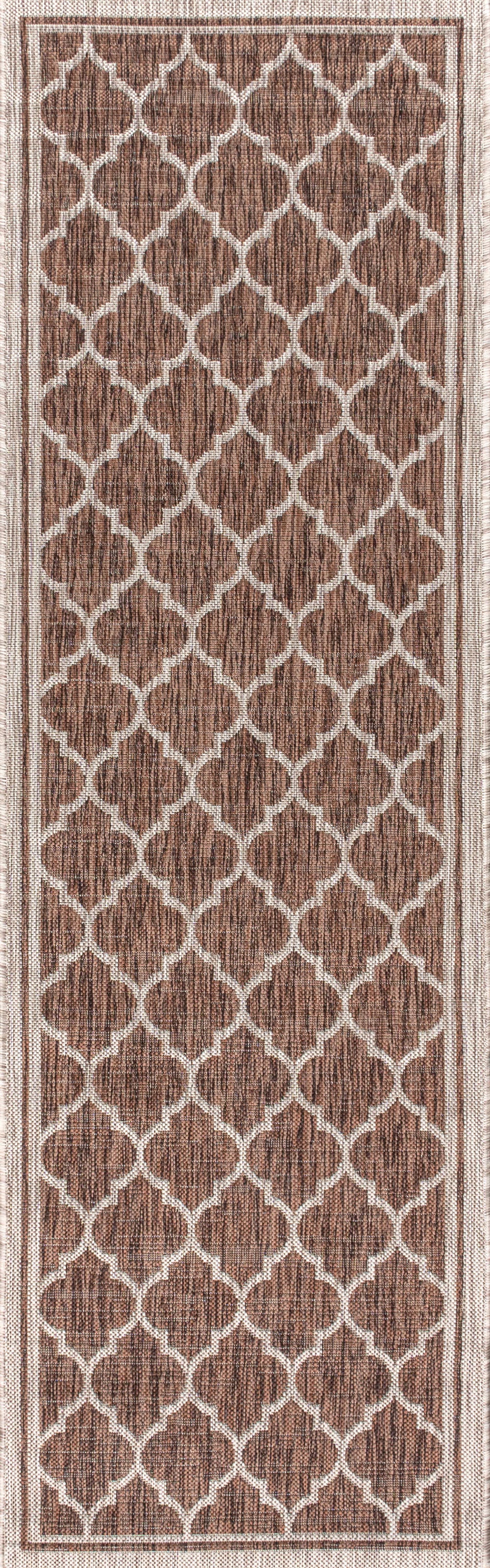 Taupe and espresso geometric lattice runner rug with thin light border
