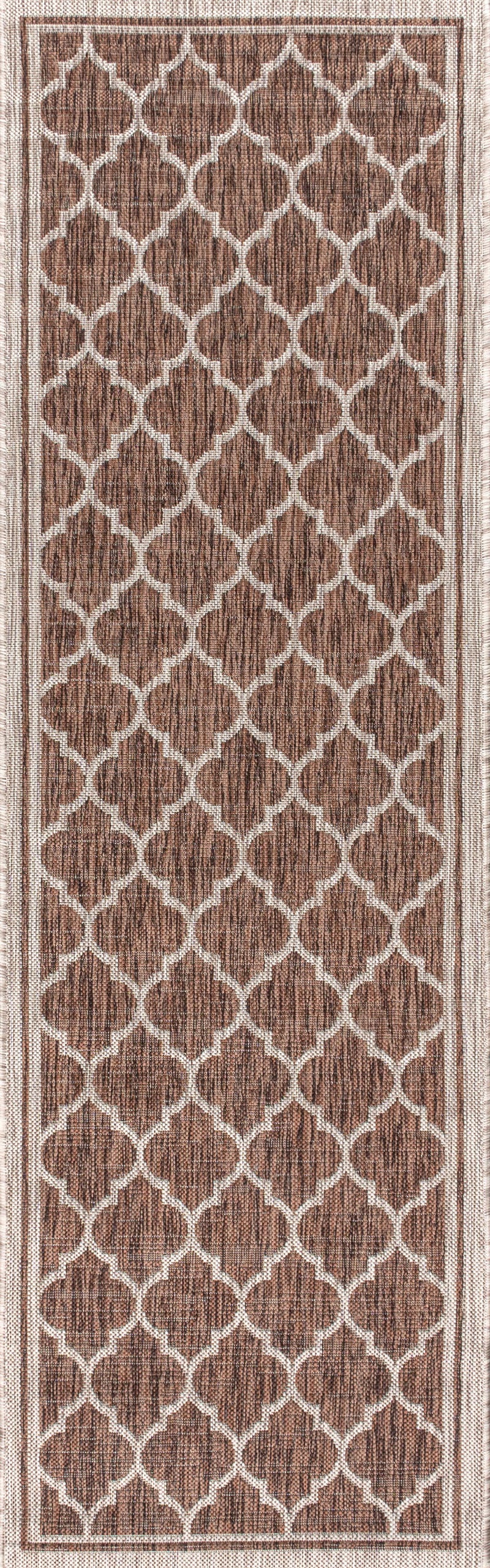 Taupe and espresso geometric lattice runner rug with thin light border