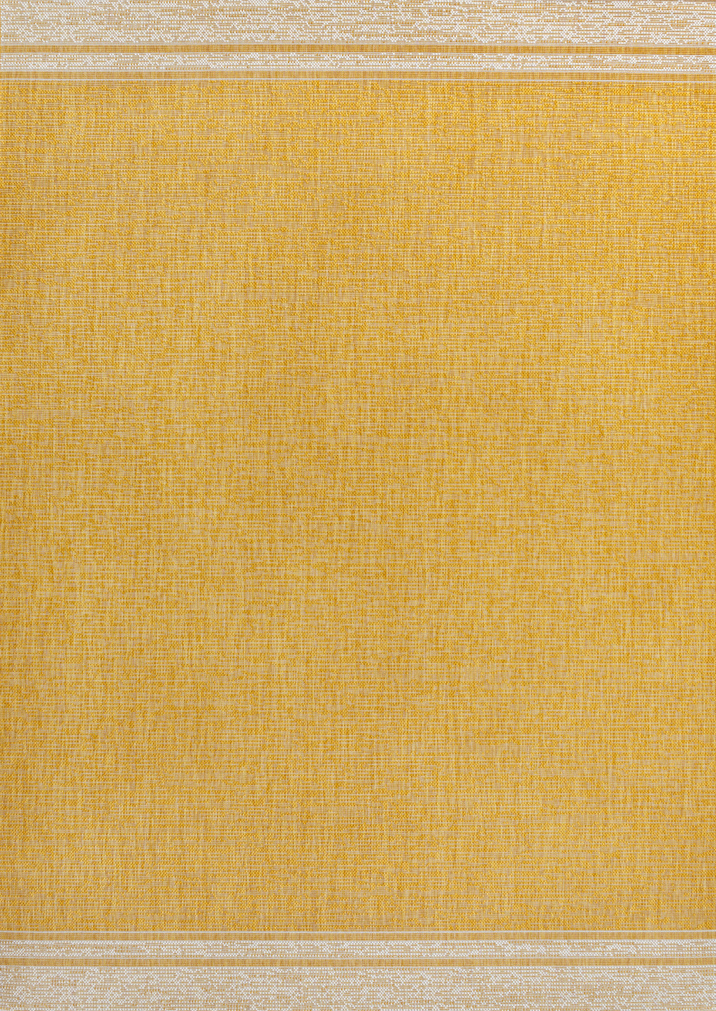 Yellow indoor/outdoor area rug with cream border and tight woven texture close-up