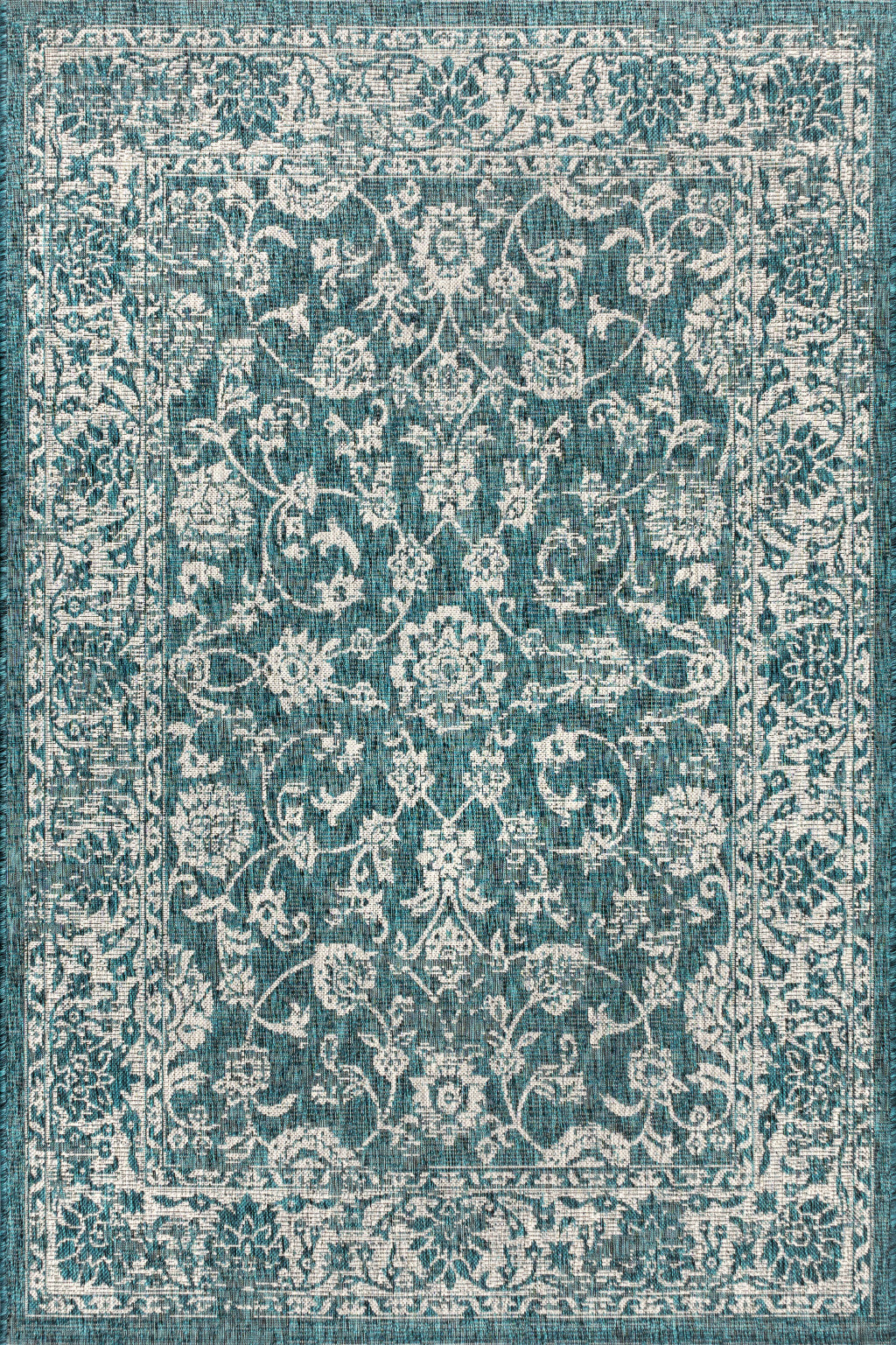 Teal blue and gray medallion area rug with ornate pattern for indoor/outdoor.