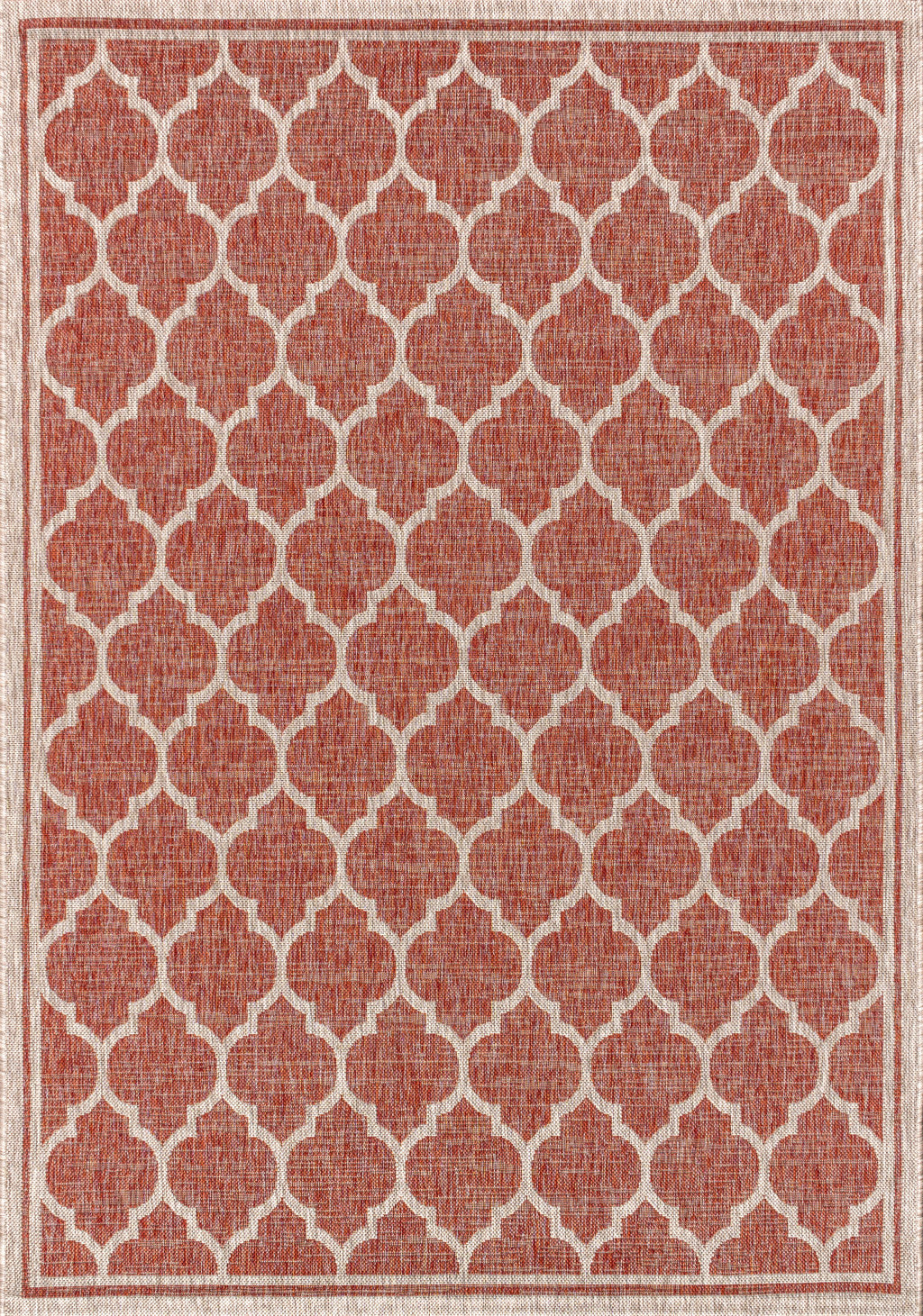 Red and beige geometric indoor outdoor area rug with trellis lattice pattern
