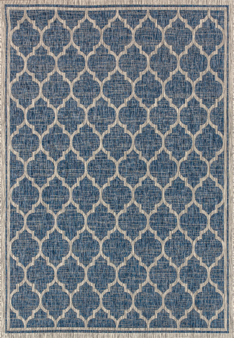 Navy and gray geometric trellis area rug with flat woven texture