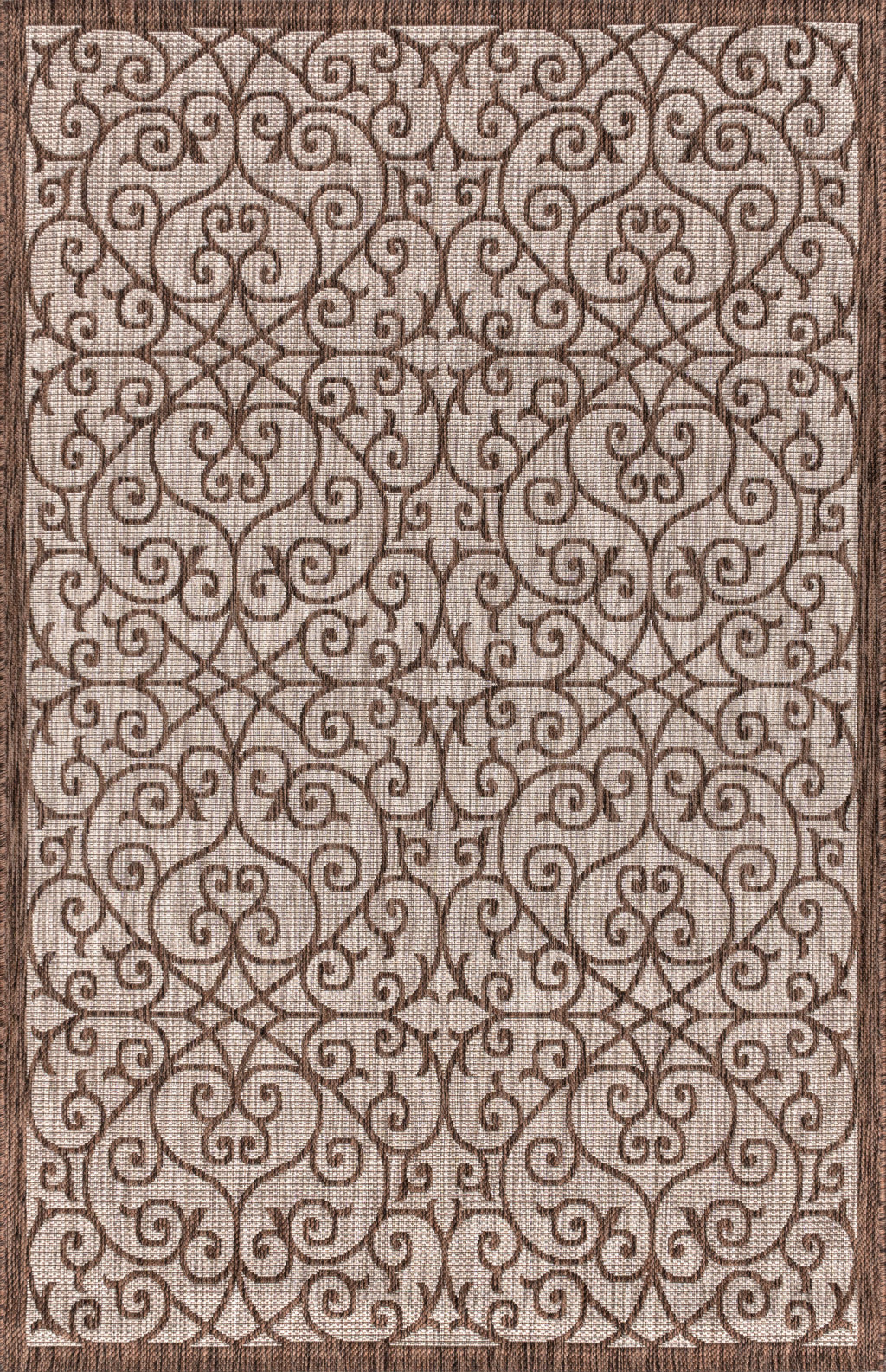 Taupe and espresso geometric indoor outdoor area rug with scrolling trellis pattern