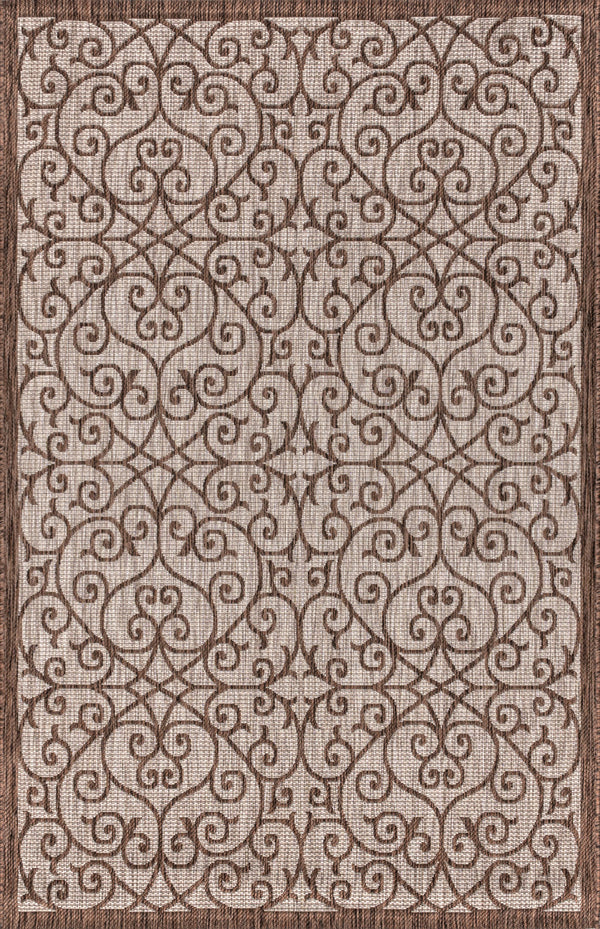 Taupe and espresso geometric indoor outdoor area rug with scrolling trellis pattern