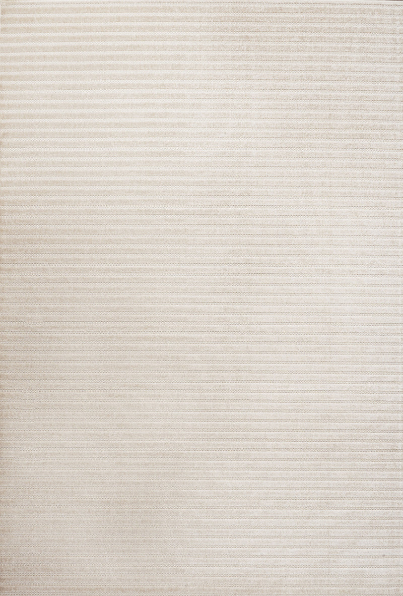 Ivory and cream horizontal striped area rug close-up with textured flat weave