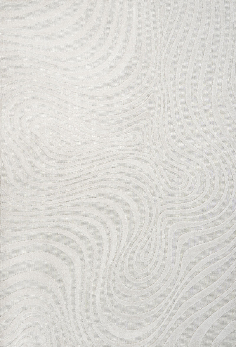 Light cream abstract area rug close-up with wavy swirl lines