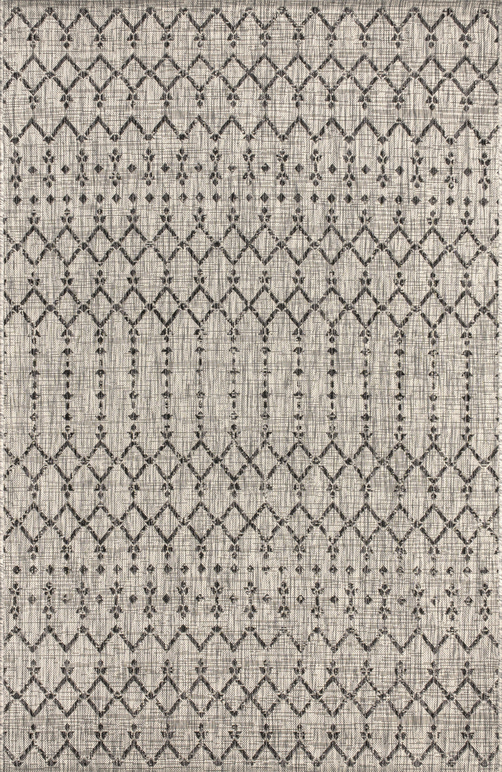 Light gray area rug with black trellis and geometric diamond pattern, flat weave