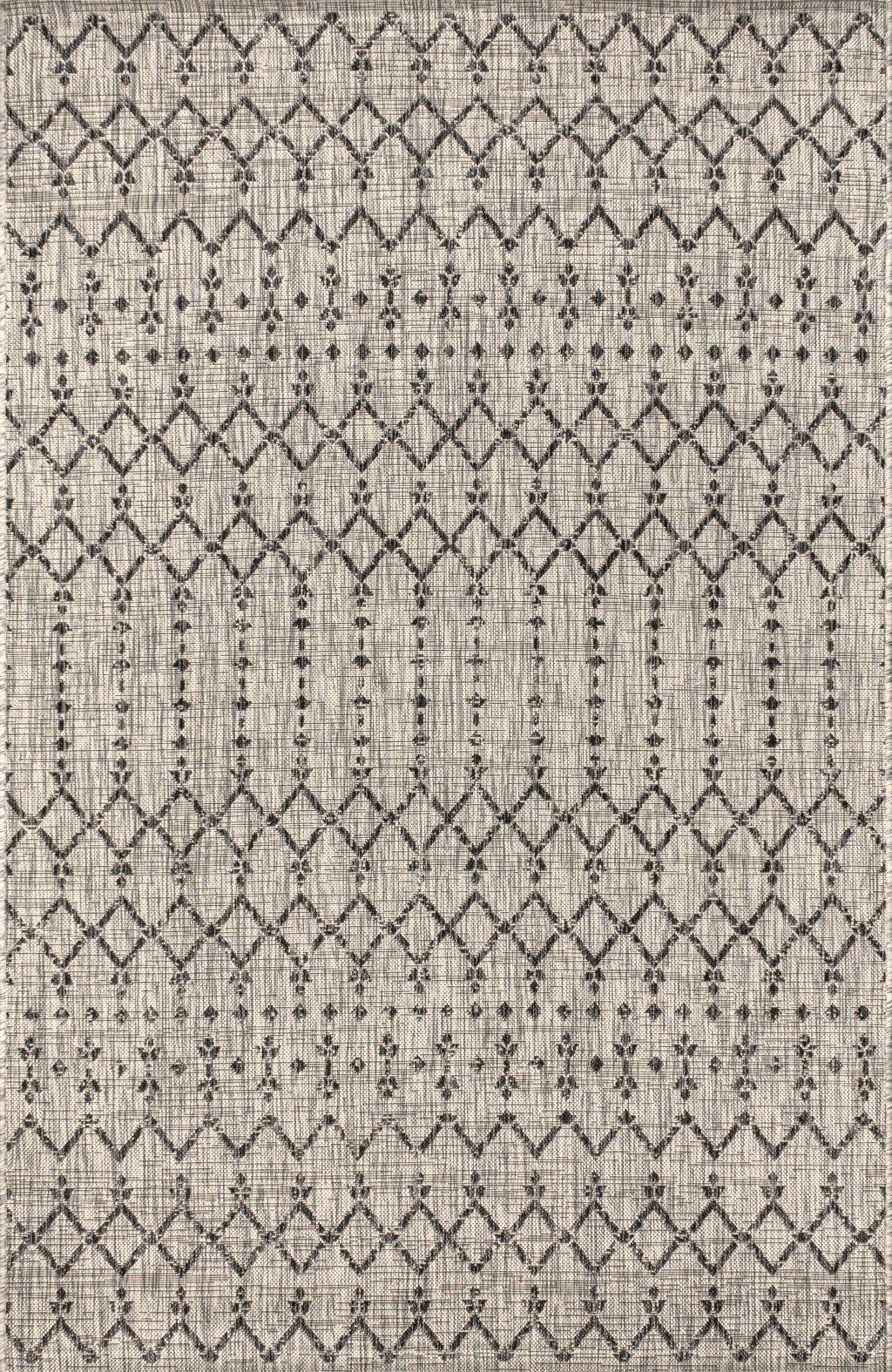 Gray area rug with black trellis diamonds and dotted vertical stripe bands