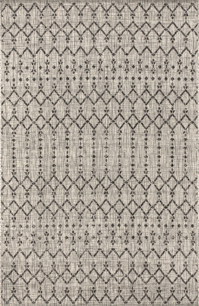 Gray area rug with black trellis diamonds and dotted vertical stripe bands
