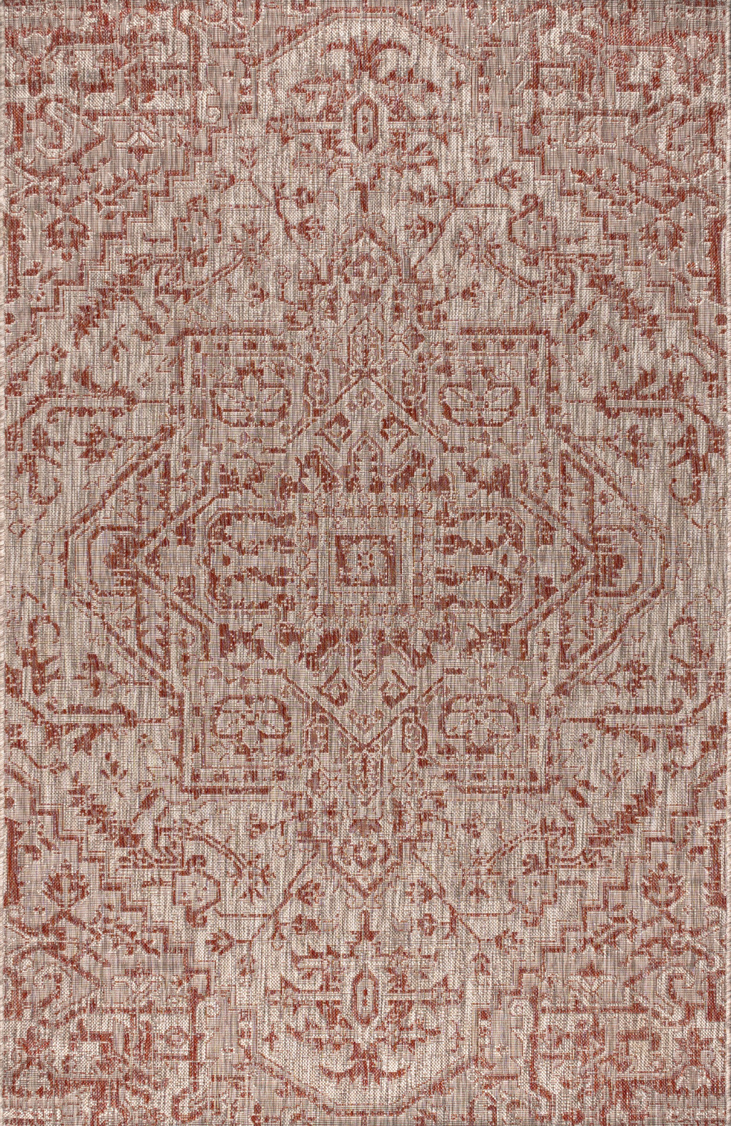 Taupe and red medallion rug detail with ornate geometric pattern