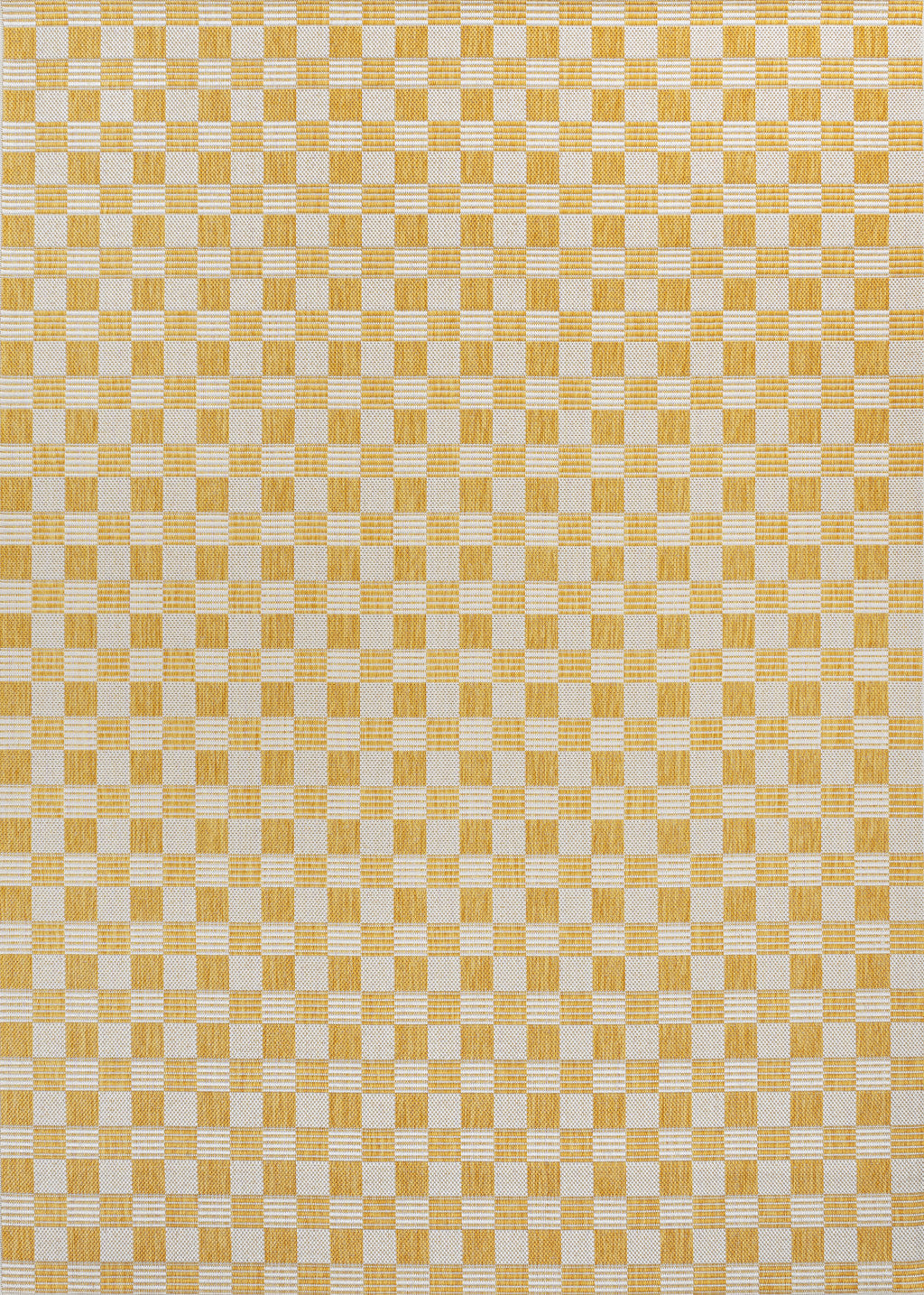 Yellow and cream geometric grid area rug with thin border