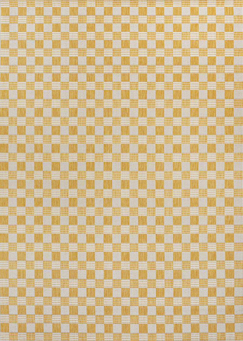 Yellow and cream geometric grid area rug with thin border