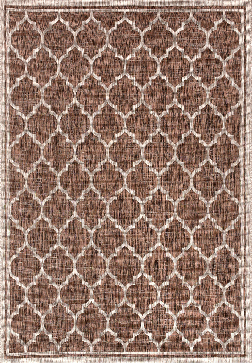 Framed geometric area rug in espresso brown with taupe quatrefoil pattern